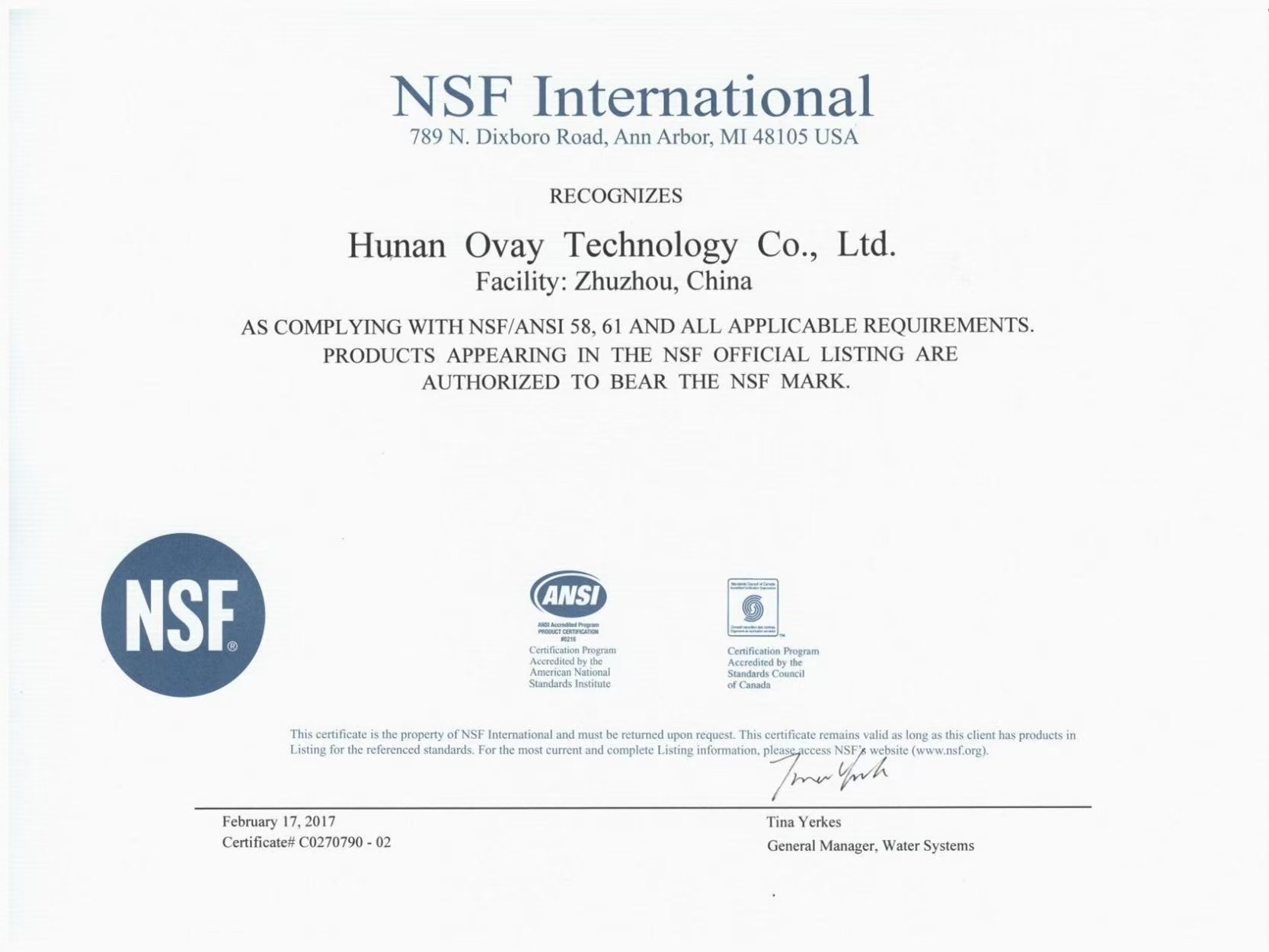 NSF International Certificate - Hunan Ovay Technology NSF ANSI 58 and 61 Certified